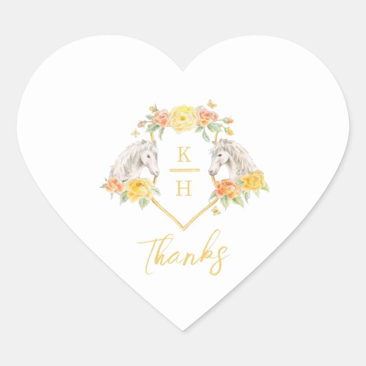 灰色の馬と黄色のバラのモノグラム感謝してい ハートシール (正面)