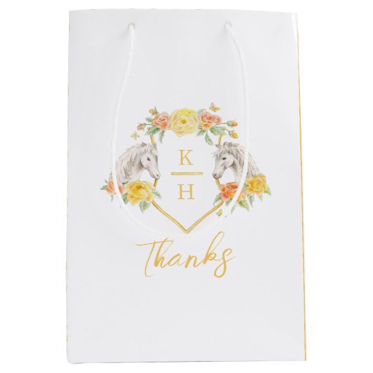 灰色の馬と黄色のバラのモノグラム感謝してい ミディアムペーパーバッグ (正面)