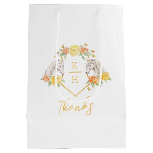 灰色の馬と黄色のバラのモノグラム感謝してい ミディアムペーパーバッグ (裏面)