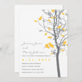 灰色の鳥の木に黄色の愛葉の鳥 招待状 (正面/裏面)
