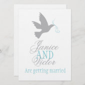 灰色の鳩の青いリボンフォーマルカップルの結婚式の招待 招待状 (正面/裏面)