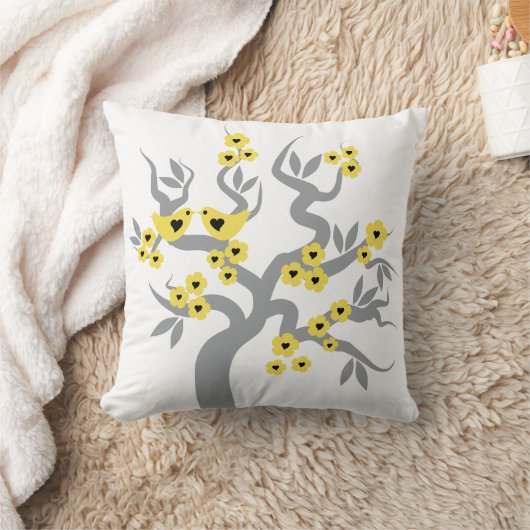 灰色の黄色いさくらんぼの木の花と愛の鳥 クッション (ブランケット)