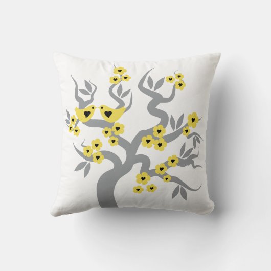 灰色の黄色いさくらんぼの木の花と愛の鳥 クッション (裏面)