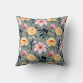 灰色の黄色とピンクの花枕 クッション (裏面)