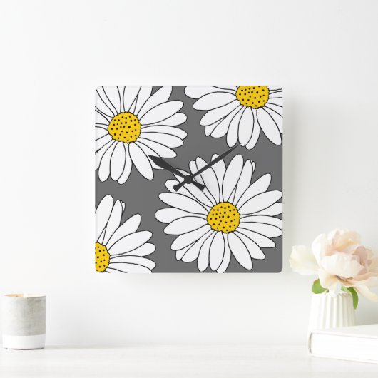 灰色の黄色と白のデイジー スクエア壁時計 (ホーム)