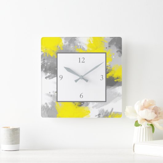 灰色の黄色の抽象芸術のブラシストローク スクエア壁時計 (ホーム)