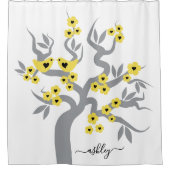 灰色の黄色の桜さくらんぼの木の花は鳥を愛する シャワーカーテン (正面)