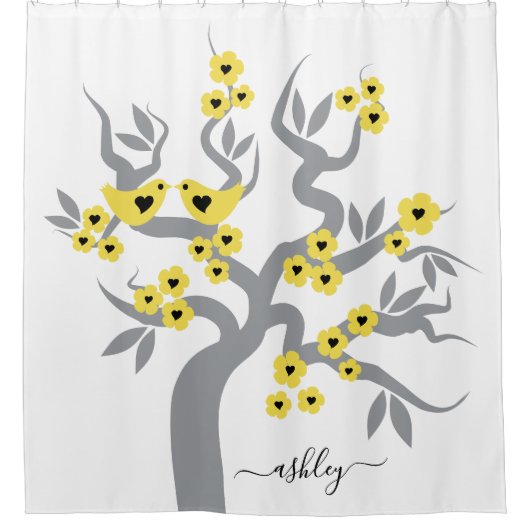 灰色の黄色の桜さくらんぼの木の花は鳥を愛する シャワーカーテン (正面)