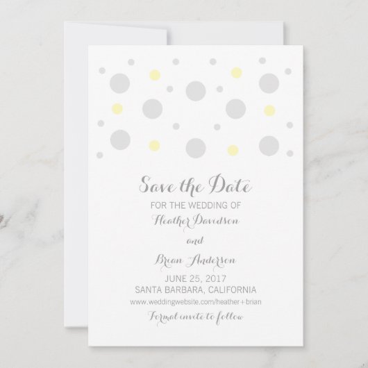 灰色の黄色の紙吹雪日付の保存招待状 セーブザデート (正面)
