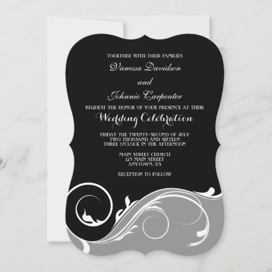 灰色の黒いスワールブラケットウェディング招待状 招待状 (正面)