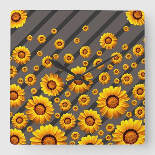 灰色の黒い花に美しい黄色のストライプ花 スクエア壁時計 (正面)