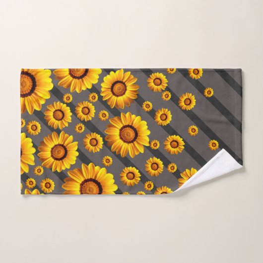灰色の黒い花に美しい黄色のストライプ花 バスタオルセット (ハンドタオル)