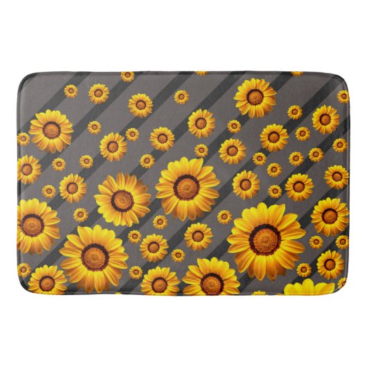灰色の黒い花に美しい黄色のストライプ花 バスマット (正面)