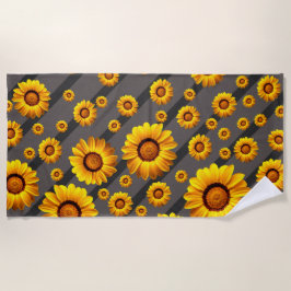 灰色の黒い花に美しい黄色のストライプ花 ビーチタオル