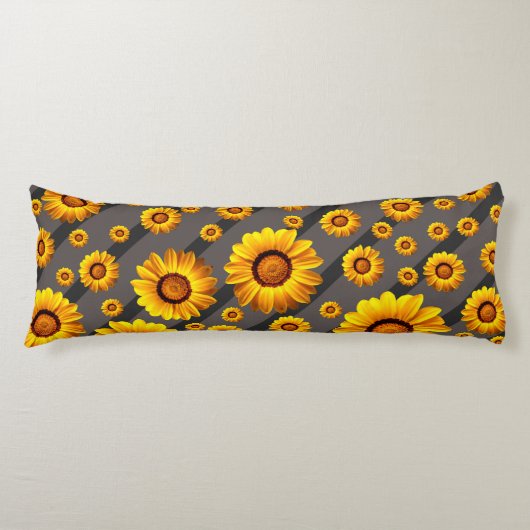 灰色の黒い花に美しい黄色のストライプ花 ボディピロー (正面)