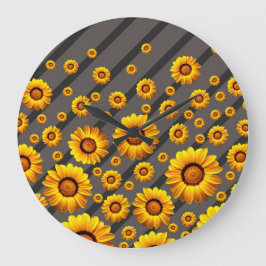 灰色の黒い花に美しい黄色のストライプ花 ラージ壁時計