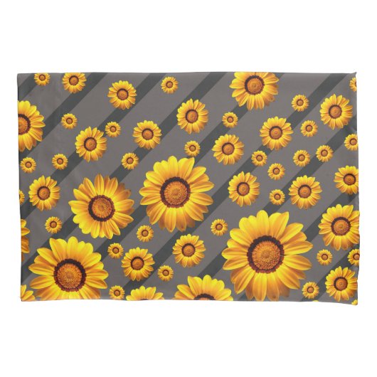 灰色の黒い花に美しい黄色のストライプ花 枕カバー (正面)