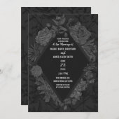 灰色の黒エレガントいダイヤモンドヴィンテージ結婚の花 招待状 (正面/裏面)