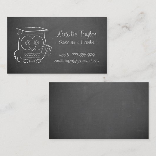 灰色の黒板のかわいいフクロウの落書きの代用教員 名刺 (正面/裏面)
