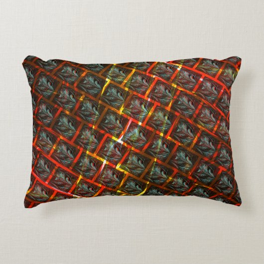 灰色の「枠付き目」、グレーズ、正方形または赤い格子 アクセントクッション (正面)