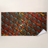 灰色の「枠付き目」、グレーズ、正方形または赤い格子 ビーチタオル (正面)