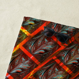 灰色の「枠付き目」、グレーズ、正方形または赤い格子 ビーチタオル