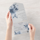 灰色のQRコード上の水色のダスティブルー淡い色のフローラ オールインワン招待状 (貼ってはがせる)