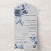 灰色のQRコード上の水色のダスティブルー淡い色のフローラ オールインワン招待状 (内側)