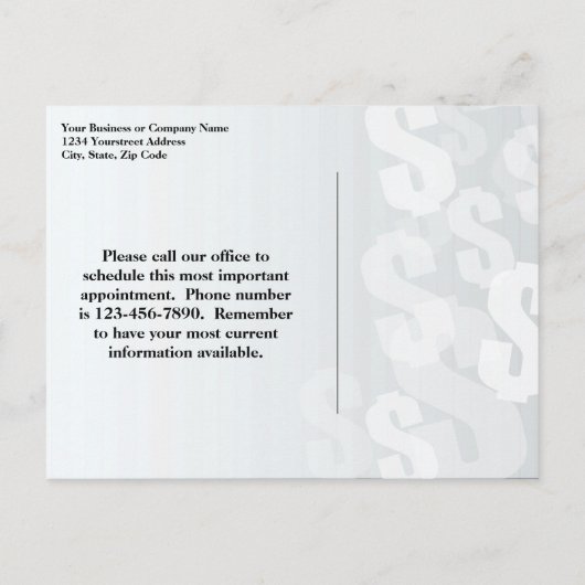 灰色はドル記号の財政のデザインを影で覆います 案内ポストカード (裏面)