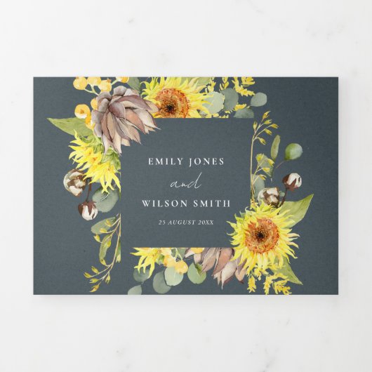 灰色ひまわりユーカリ水カラーフローラ結婚ス 三つ折り招待状 (カバー)