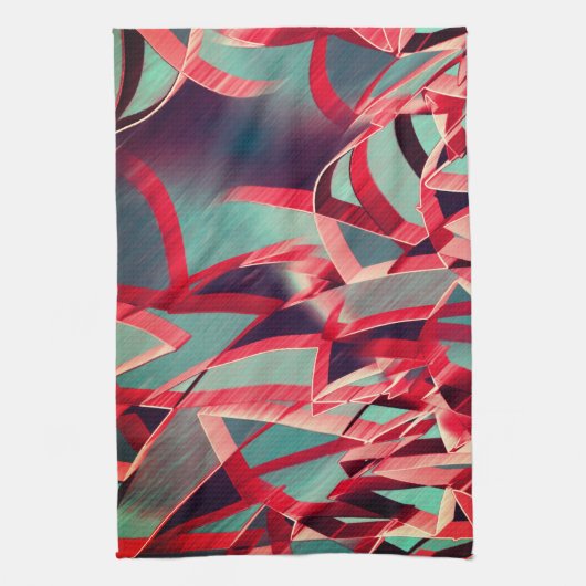 灰色または青の霧雨の多いイメージの上に赤い縞が流れる キッチンタオル (縦)