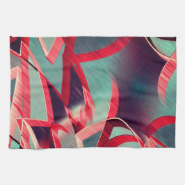 灰色または青の霧雨の多いイメージの上に赤い縞が流れる キッチンタオル