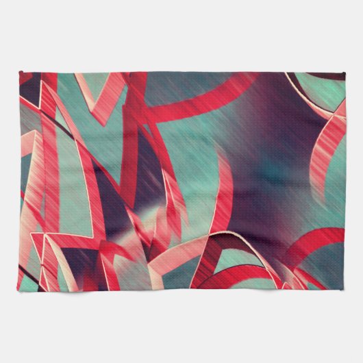 灰色または青の霧雨の多いイメージの上に赤い縞が流れる キッチンタオル (横)