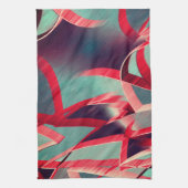 灰色または青の霧雨の多いイメージの上に赤い縞が流れる キッチンタオル (縦)