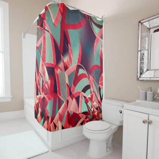 灰色または青の霧雨の多いイメージの上に赤い縞が流れる シャワーカーテン (インサイチュ)