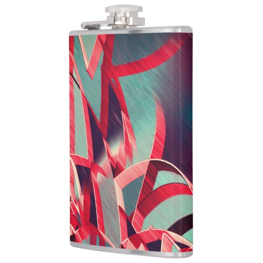 灰色または青の霧雨の多いイメージの上に赤い縞が流れる フラスク (左)