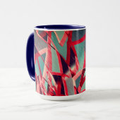 灰色または青の霧雨の多いイメージの上に赤い縞が流れる マグカップ (正面左)