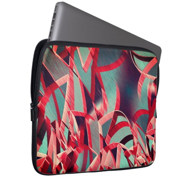 灰色または青の霧雨の多いイメージの上に赤い縞が流れる ラップトップスリーブ (正面右)