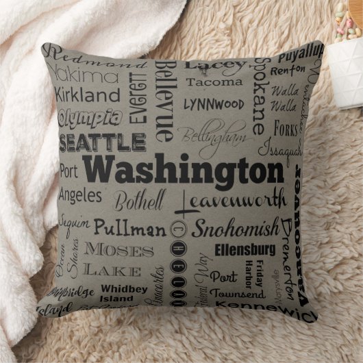 灰色または黒のワシントン州都市タイポグラフィの枕 クッション (ブランケット)