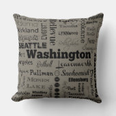 灰色または黒のワシントン州都市タイポグラフィの枕 クッション (正面)