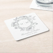 灰色エレガントの珍重の鳥の結婚紋章 スクエアペーパーコースター (アングル)