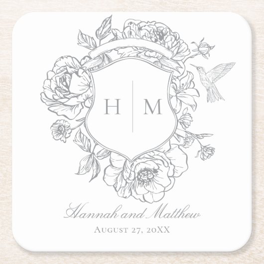 灰色エレガントの珍重の鳥の結婚紋章 スクエアペーパーコースター (正面)