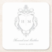 灰色エレガントの珍重の鳥の結婚紋章 スクエアペーパーコースター (正面)