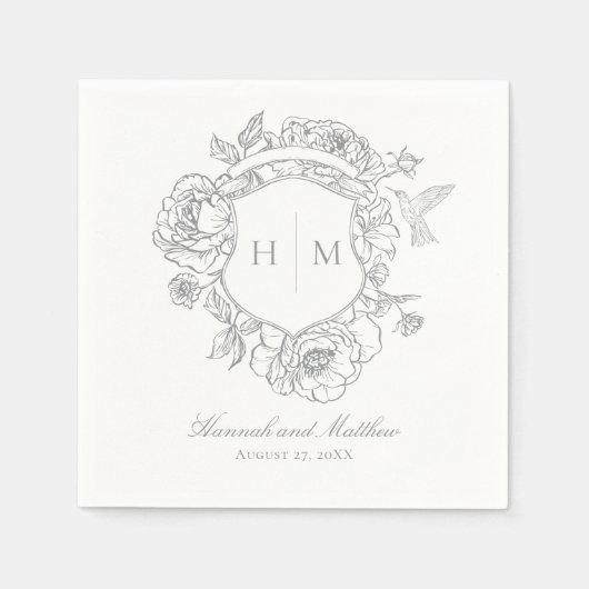 灰色エレガントの珍重の鳥の結婚紋章 スタンダードカクテルナプキン (正面)