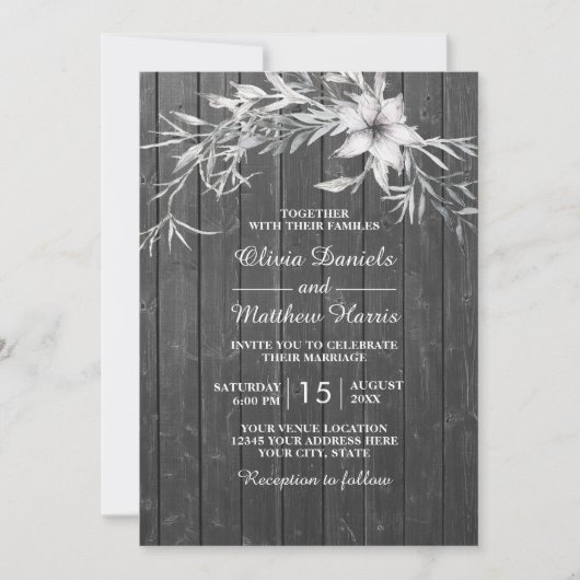 灰色エレガントの田舎者フローラ結婚製の薪納屋 招待状 (正面)