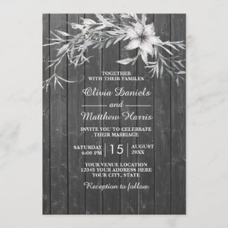 灰色エレガントの田舎者フローラ結婚製の薪納屋 招待状