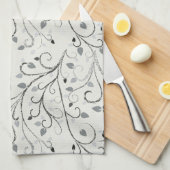 灰色エレガントコントラスト葉模様 キッチンタオル (四つ折り)