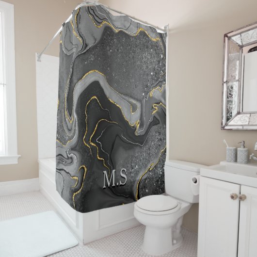 灰色エレガント大理石アートフェイク金ゴールドグリッター シャワーカーテン (インサイチュ)