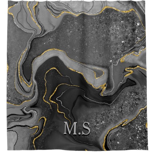 灰色エレガント大理石アートフェイク金ゴールドグリッター シャワーカーテン (正面)