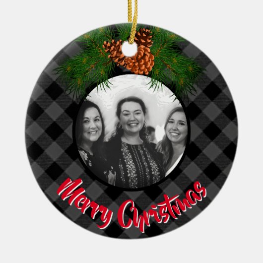 灰色エレガント格子状ピネコン写真テンプレート セラミックオーナメント (正面)